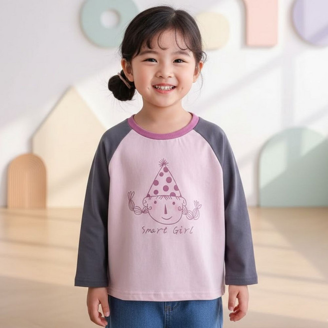하라로이 아동용 꼬깔 스마트 소녀 배색 나그랑 긴팔 티셔츠