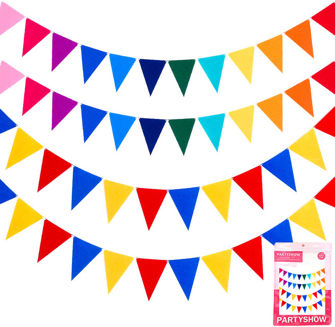 PARTYSHOW 毛氈三角派對掛旗 2款 x 2入組, 1套, 12色彩虹, 慶典