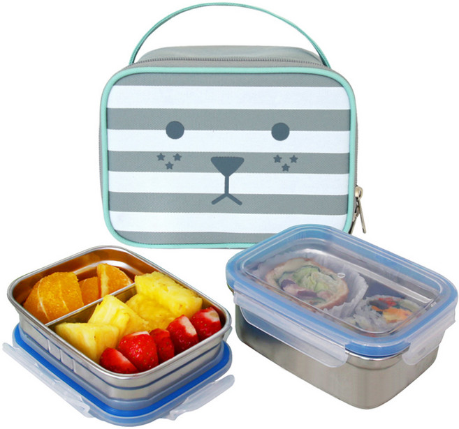 Rolimon 雙層不鏽鋼方形便當盒+便當袋套組, 藍色, 1組