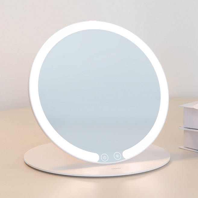 무아스 슬림 폴더블 라운드 무선 휴대용 LED 탁상거울, 화이트
