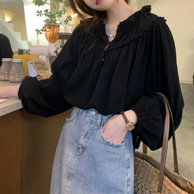 더플로우커머스 여성용 멜로우 로망스 프릴 긴팔 블라우스