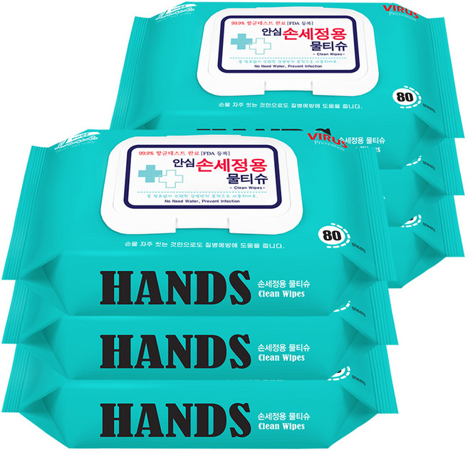 하비앙쥬 안심 손세정 물티슈 캡형, 80매, 6개
