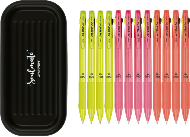 자바펜 제트 3볼 Biz 네오 0.7 유성 흑 + 적 + 0.5 형광 펜 3종 x 4p + 펜트레이 세트, 옐로우, 오렌지, 핑크(펜), 블랙(트레이), 1세트