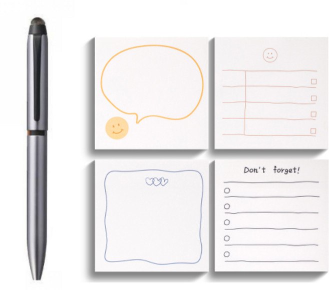 미쯔비시 제트스트림 듀얼 3색 터치펜 0.5mm + 델리 데일리 접착메모지 21540 4종 세트, 실버(멀티펜), 메모지(혼합색상), 1세트