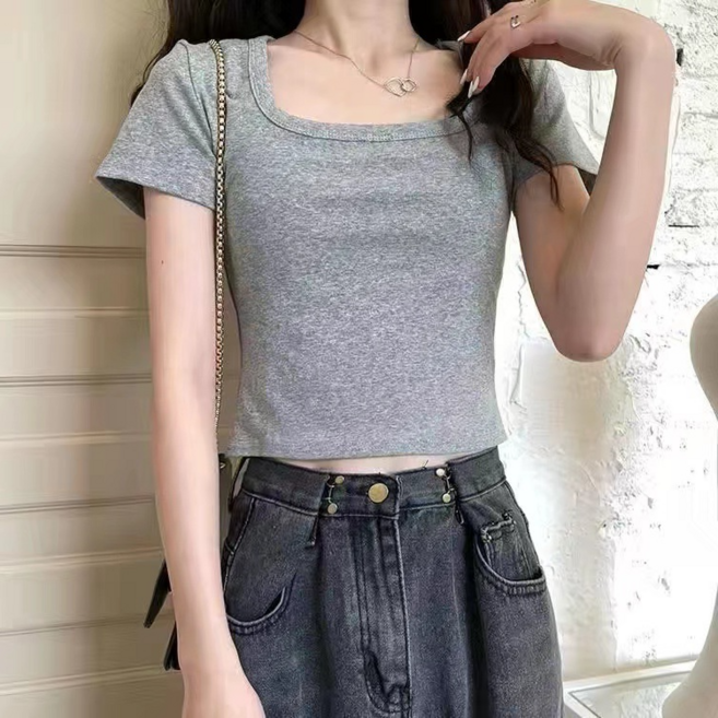 女神女款U領短版短袖T恤