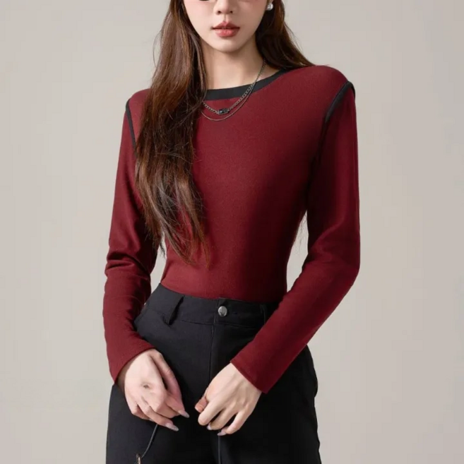 디멜디 여성용 슬림핏 배색 라운드 데일리 이너 긴팔티셔츠