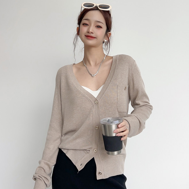 더시럽 여성용 얇은 브이넥 원포켓 니트 가디건