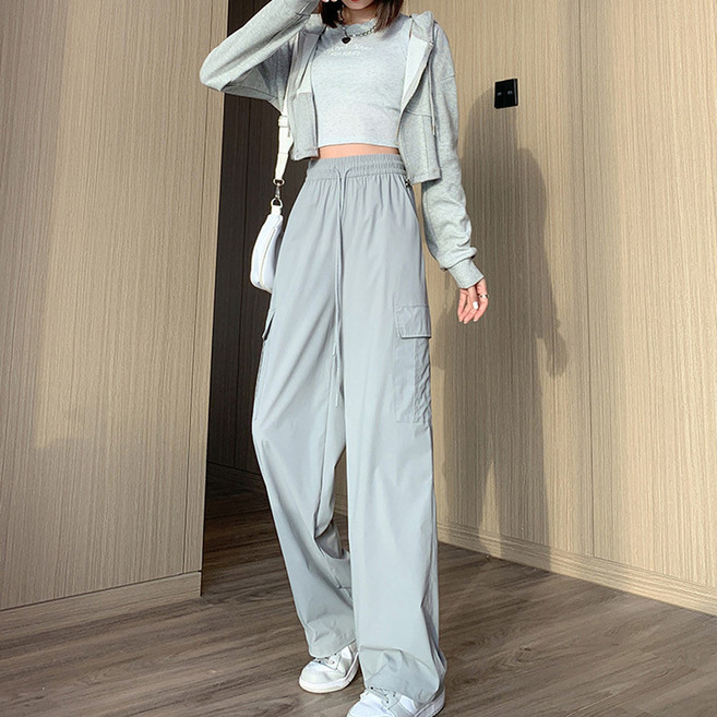 Elsso 女款口袋涼感冰絲寬鬆工裝褲