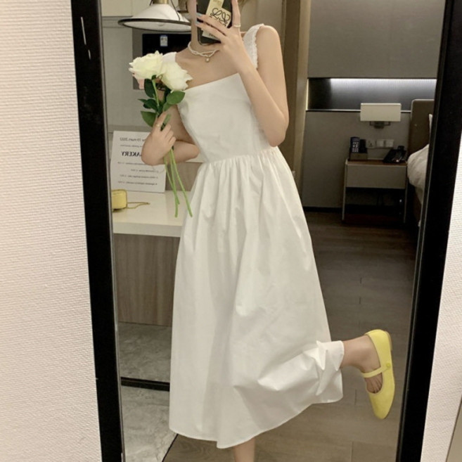 PEONIST 無袖初戀感傘狀中長洋裝, 白色