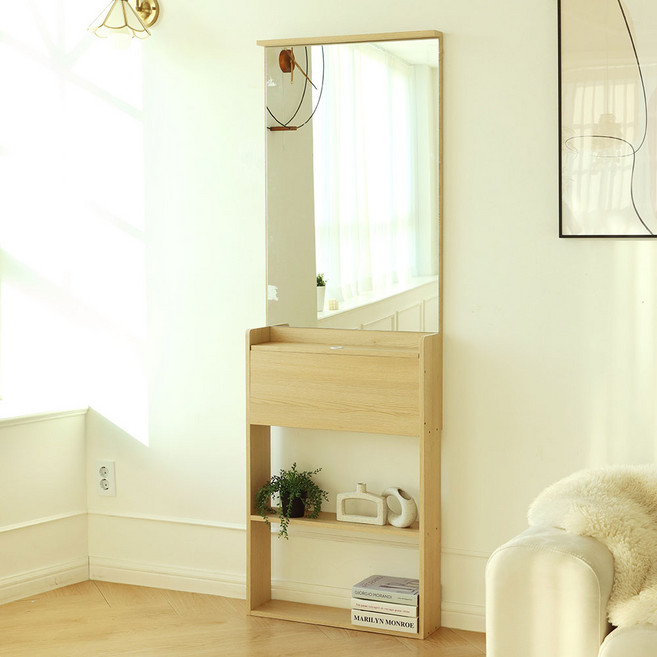 스페이스 슬림 거울 화장대 600 x 150 x 1805 mm 고객직접설치, 오크