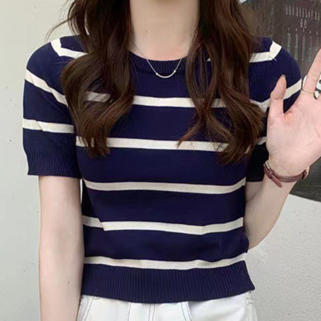 德芙洛商務 女款條紋修身顯瘦高腰短袖針織上衣