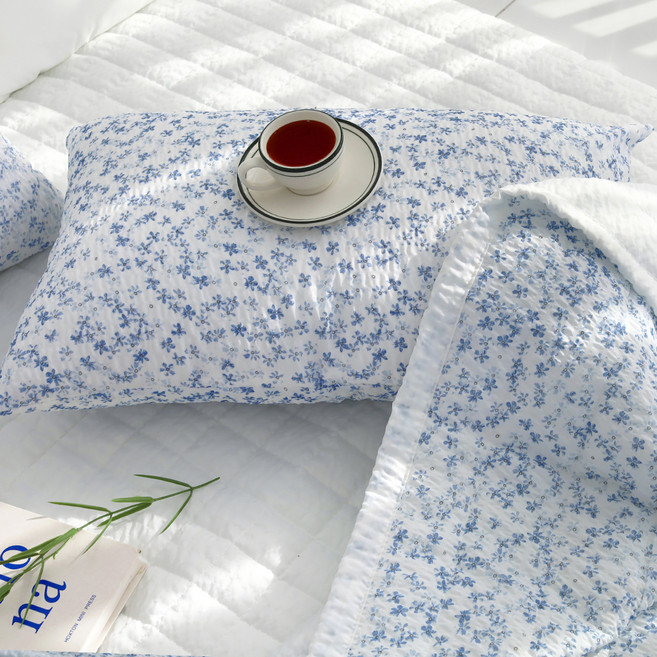 스코홈 국산 눈꽃 냉감 시어서커 베개커버 솜포함, 눈꽃블루, 1개