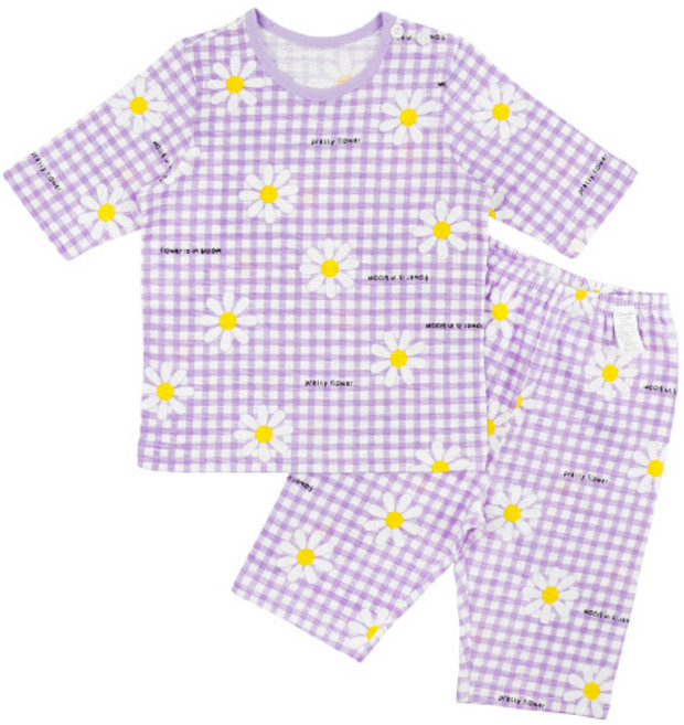 Maykids 女童款格紋雛菊7分長袖家居套裝