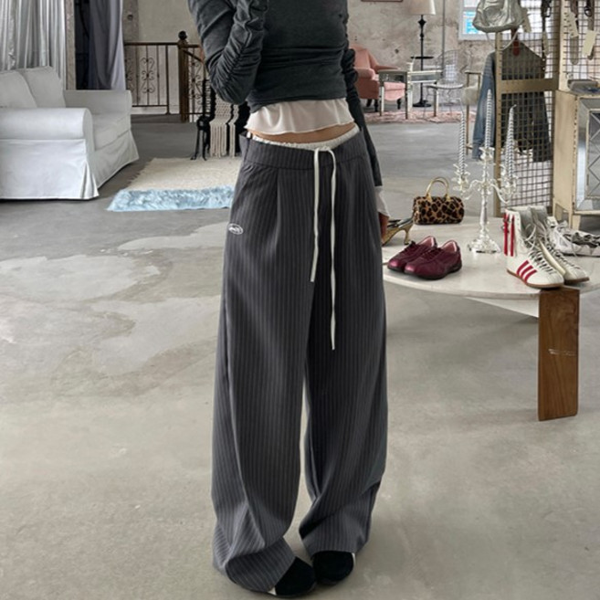 더플로우커머스 여성용 슬릭 핀스트라이프 와이드 캐주얼 슬랙스
