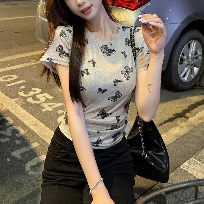 더플로우커머스 여성용 버터플라이 그래픽 감성 시스루 반팔 티셔츠