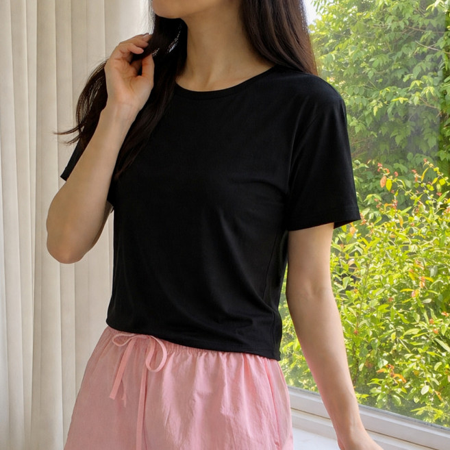 라라온 여성용 크롭 무지 냉감 스판 반팔 티셔츠 26TSP3930