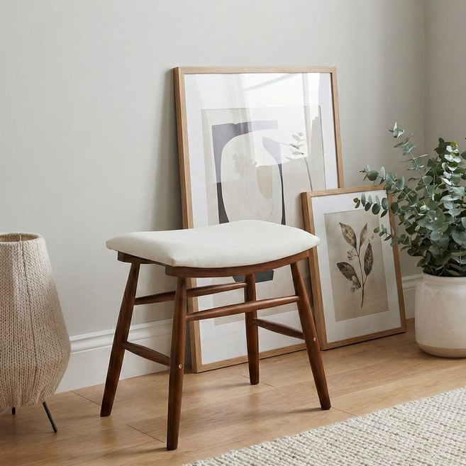 ICONIC HOUSE 簡約原木圓形布面椅凳, 奶油白, 1個