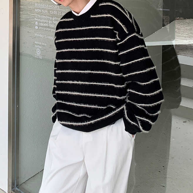 인피어스 남성용 스트라이프 라운드넥 스웨터 I263-0038