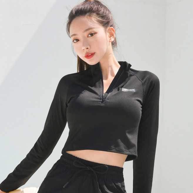 HERRINGBONE apparel 女款半拉鍊半短版泳裝防磨衣長袖上衣 RG357, 黑色