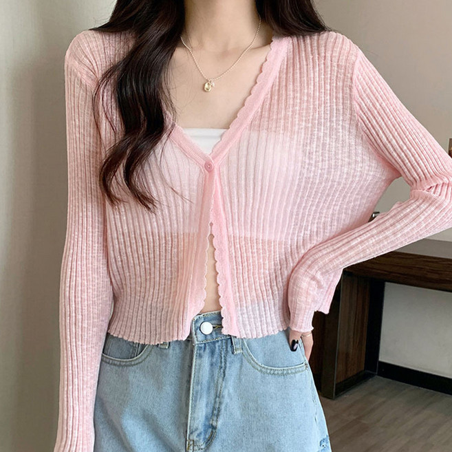 반야스토리 여성용 QQ73 시스루 골지 물결 여름 가디건