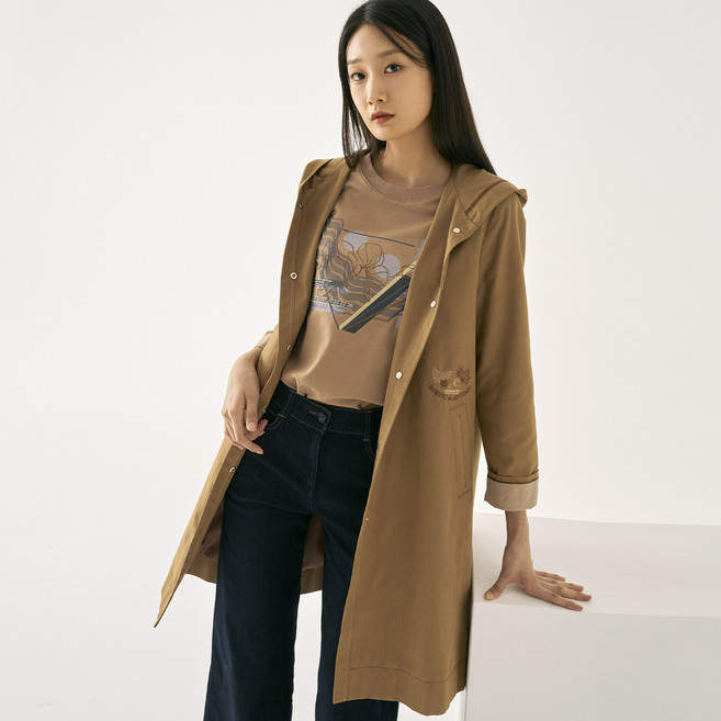 zishen 女款同色系連帽長版風衣外套 LCCAN925