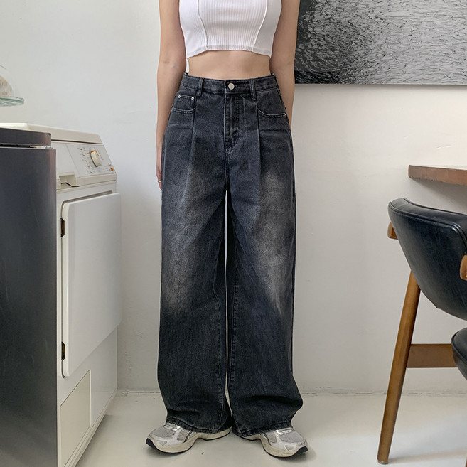 토마토팩토리 여성용 스테린 워싱 핀턱 와이드 데님 팬츠