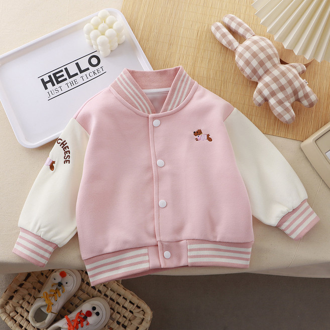 Uvely 兒童款 Kkajam 撞色棒球夾克 狗狗刺繡日常外套