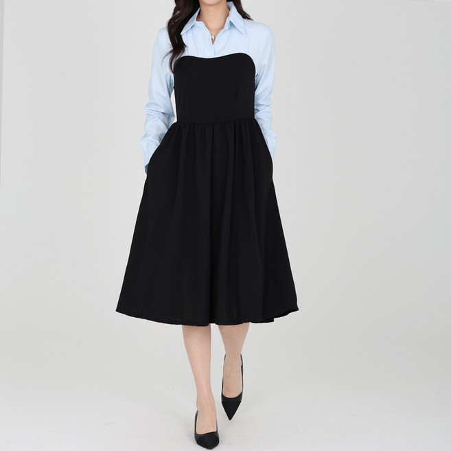 Moirbella 童話風層次翻領長版洋裝 T24FW2-A0646, 黑色