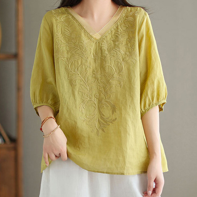 인피어스 여성용 중년 자수 반팔 블라우스 I263-0145