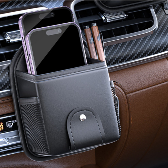 오토크루 차량용 송풍구 다용도 인조가죽 포켓 수납함, 블랙, 1개