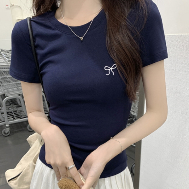 피어니스트 여성용 크루넥 라운드 베이스 리본 티셔츠