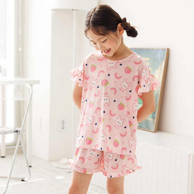 마벨슈슈 여아용 냉감 통기성 피치래빗 쿨냉감 반팔 상하의 세트