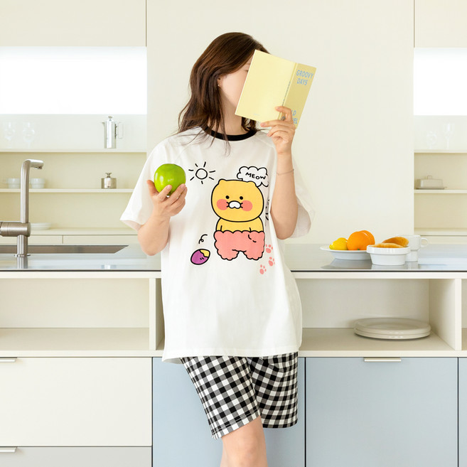 카카오프렌즈 여성용 춘식이 시원한 체크 반팔 면 100% 잠옷 홈웨어 상하의 세트