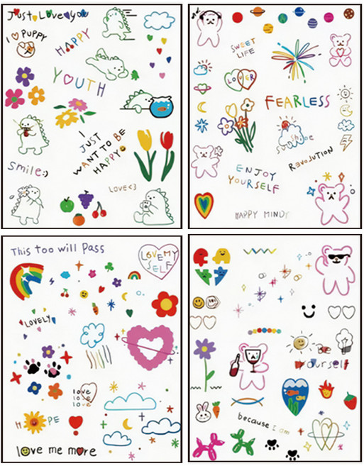 젤루나 귀여운 컬러 일러스트 색연필 바디 셀프 타투 스티커 4p 세트, 1세트, T-80