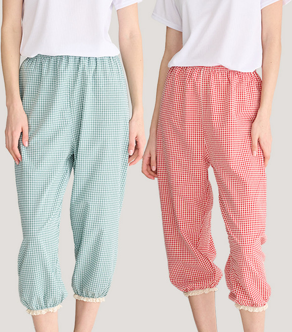 테라우드 여성용 리썸 체크 밴딩 레이스 9부 파자마 바지 2종 세트