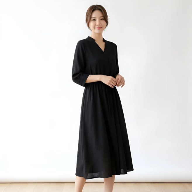 구디프 여성용 데일리 블랙 롱 루즈핏 여리여리핏 7부소매 밴딩 원피스