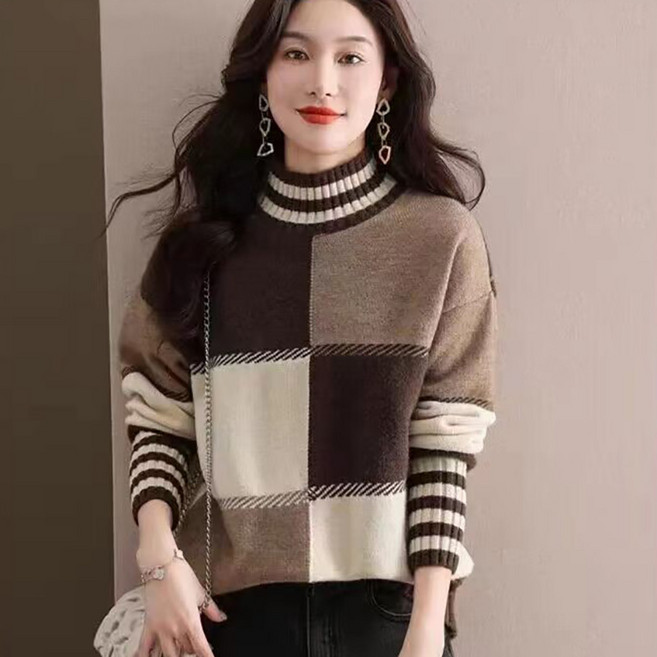 피어니스트 여성용 반폴라 네모 배색 니트 긴팔 티셔츠