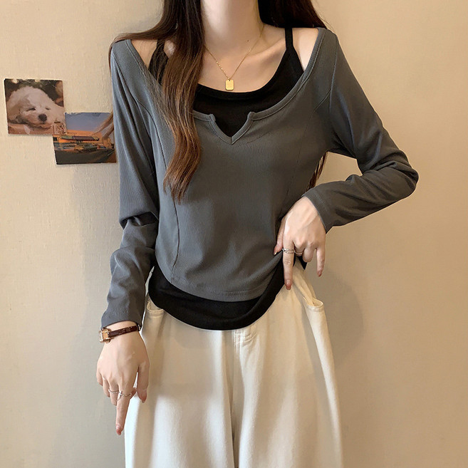 디멜디 여성용 레이어드 브이넥 슬림 데일리 봄 긴팔 티셔츠