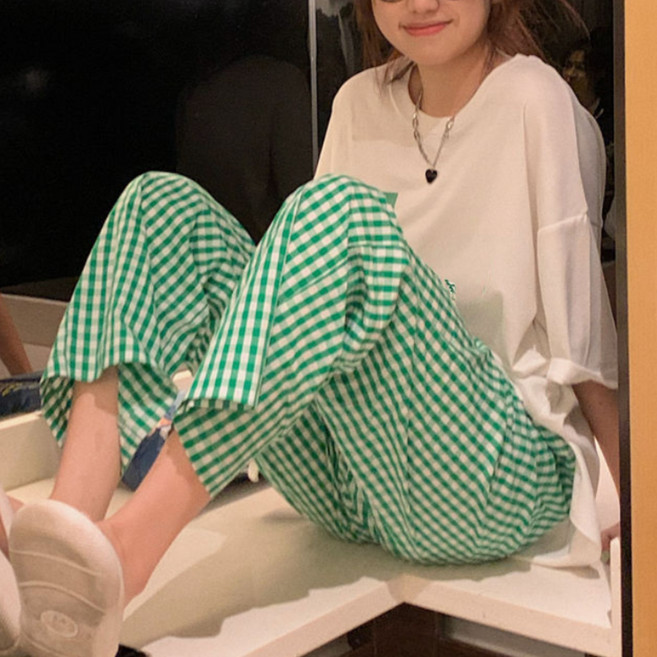 Eolipeul 女性用柔軟格紋鬆緊帶睡衣長褲