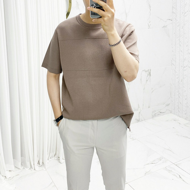 남성용 데끼 절개 트임 라운드 니트 반팔 티셔츠