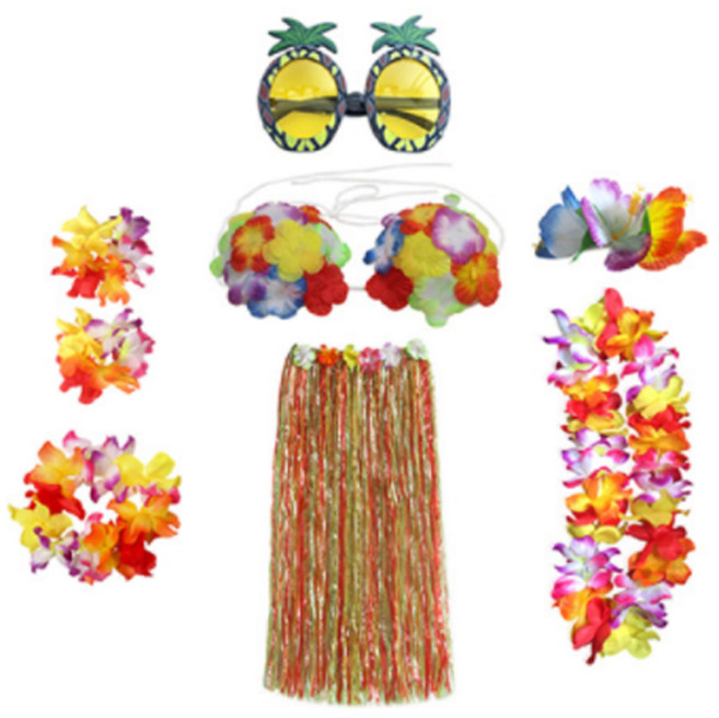 마켓감성 파티 성인 하와이 훌라 춤 의상 업그레이드 8종 세트, 알록색, 1세트