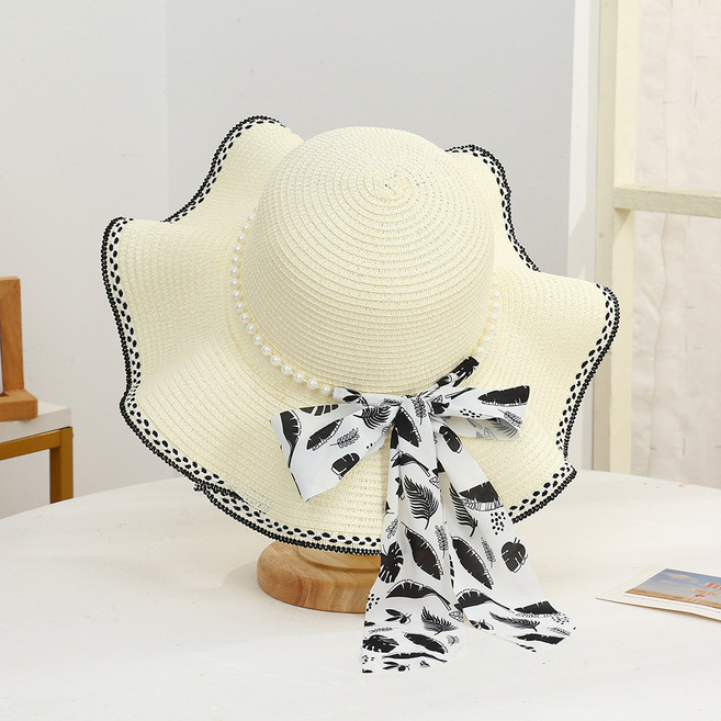디멜디 여성용 플라워 스트랩 진주 밀짚모자