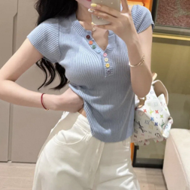 더플로우커머스 여성용 브이넥 알록달록 버튼 반팔 니트 티셔츠