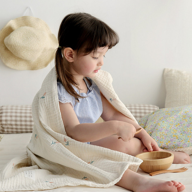 쁘리엘르 튤립 자수 삼중 거즈 블랭킷 대형, 피치