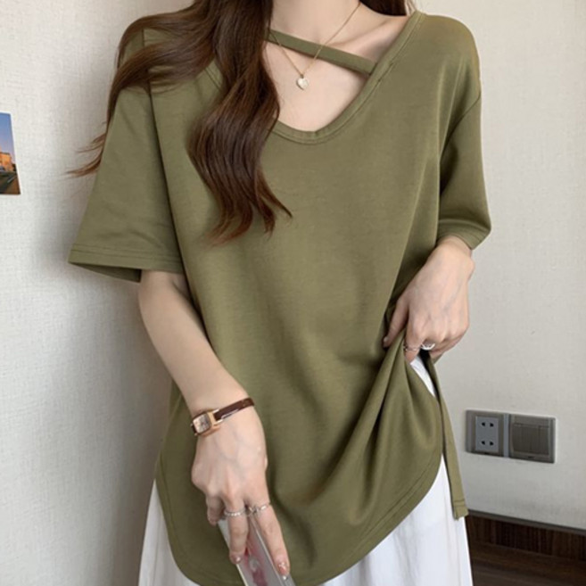 파라다이소 여성용 쇄골라인 포인트 트임 반팔 루즈핏 티셔츠