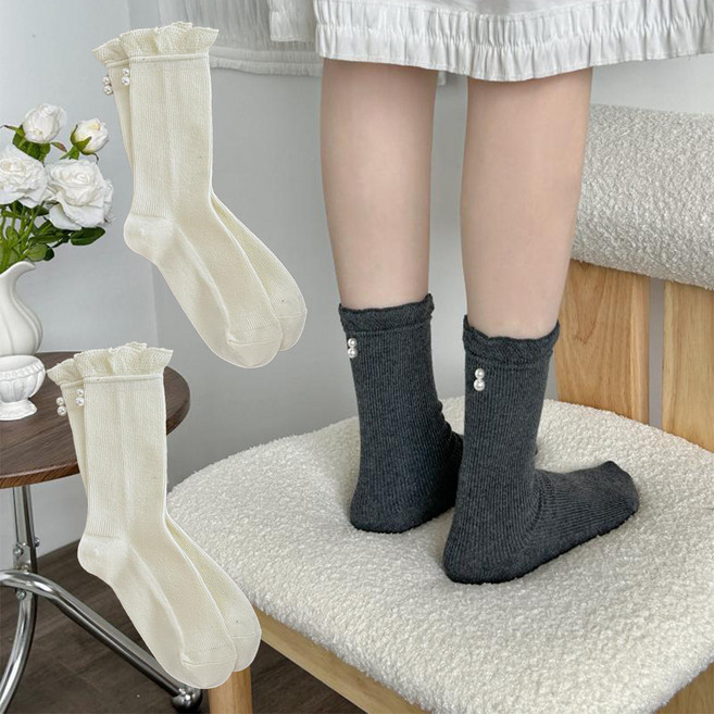 데이소이 여성용 데일리 진주 포인트 패션 양말 2켤레