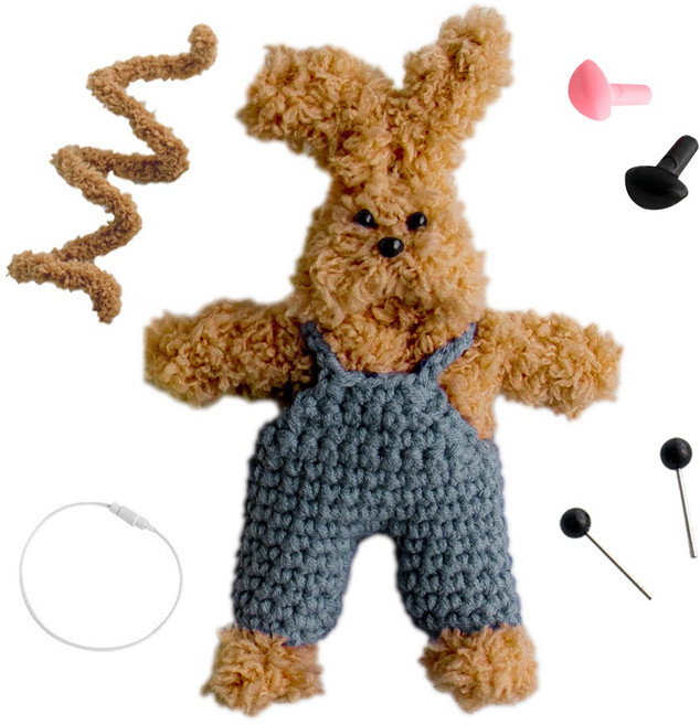 yarna 철사인형 + 핀타입 인형눈 4mm x 2p + 컬러미니삼각코 2종 + 컬러와이어링 모루 뽀글이 토끼 인형 만들기 세트, 1세트, 카멜 + 화이트 + 블랙 + 핑크