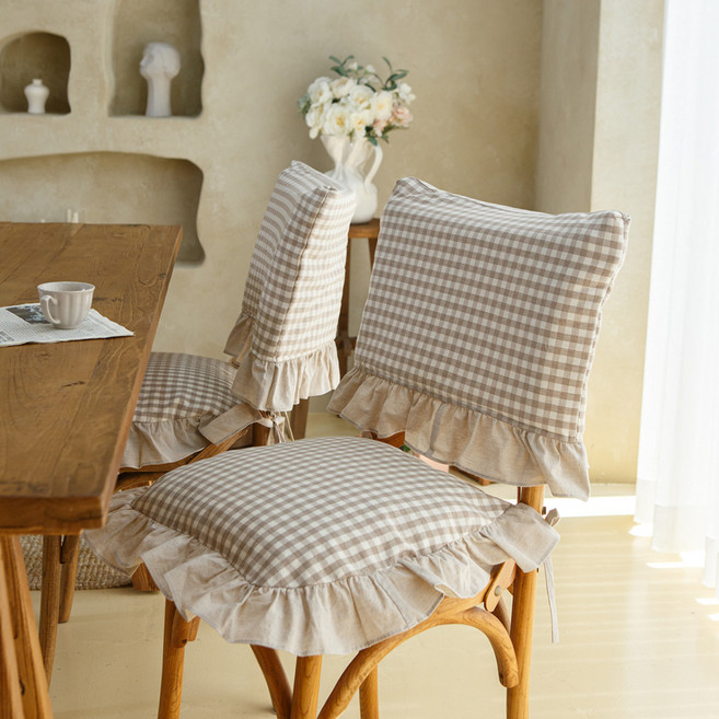 까사스토리 순면 베이직 체크 식탁 의자 등커버, 베이지, 1개