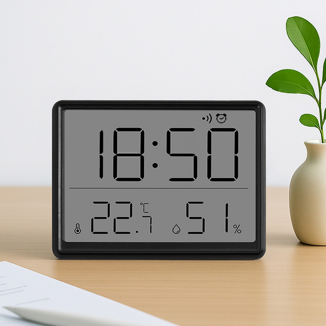 레토 자석부착 벽걸이 겸용 온습도 탁상시계 LLC-TH10, 블랙
