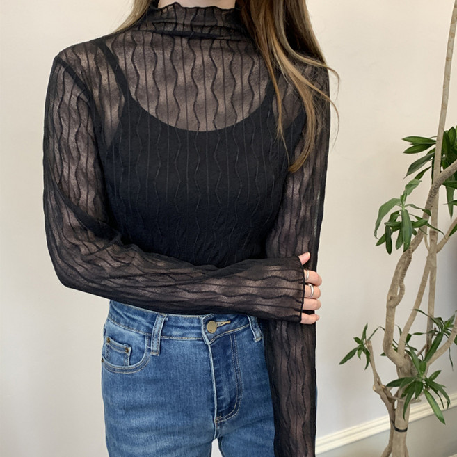 더시럽 여성용 물결 시스루 레이어드 목폴라 티셔츠